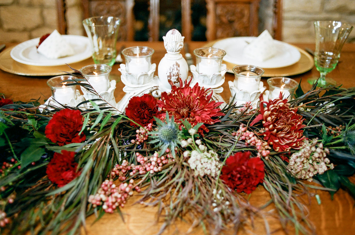 rustic red floral centerpiece candle holder for bohemian lodge wedding