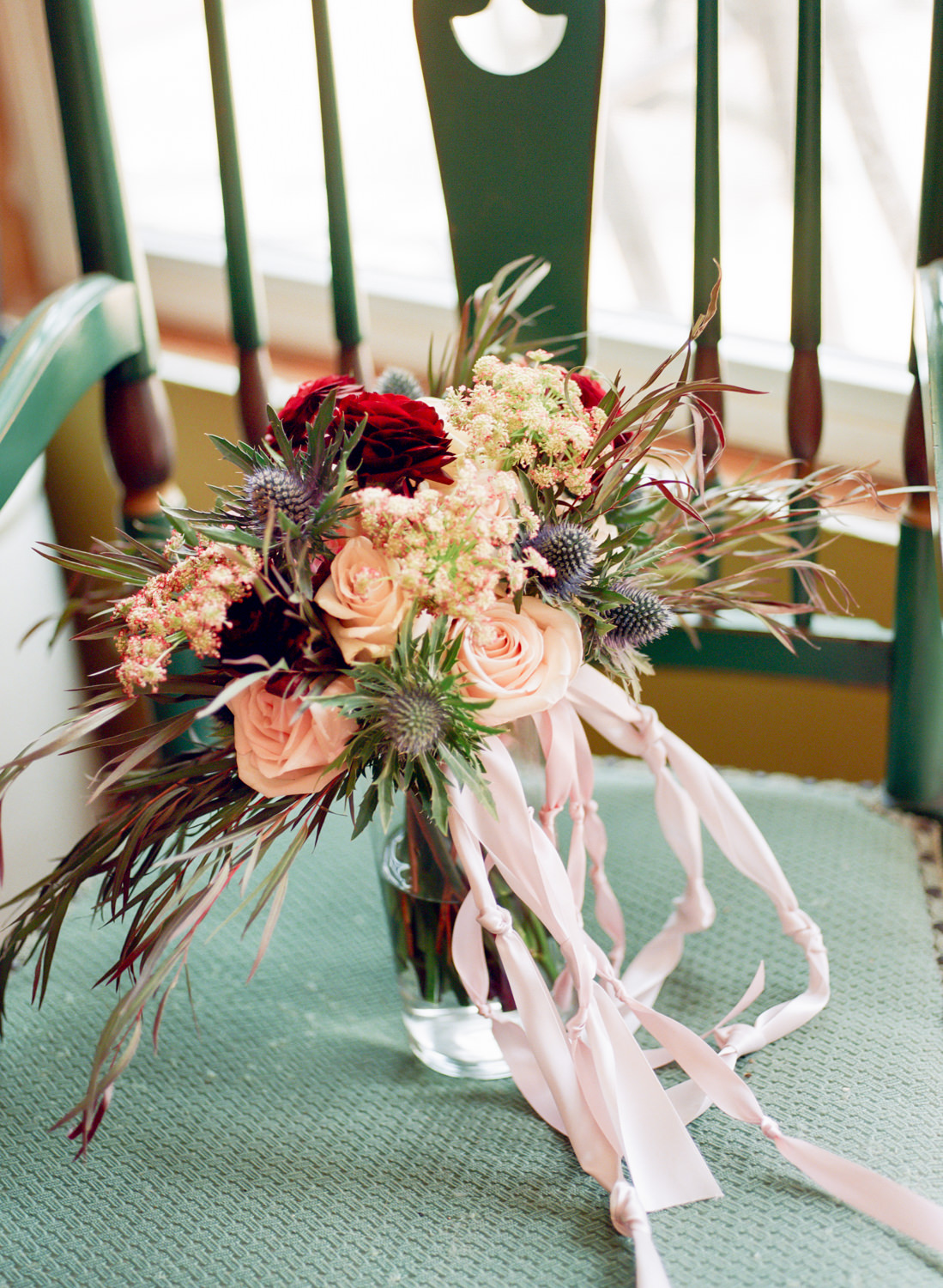 Farm Girl Florist, Erica Robnett Photography, rustic floral red and pink bouquet with ribbons