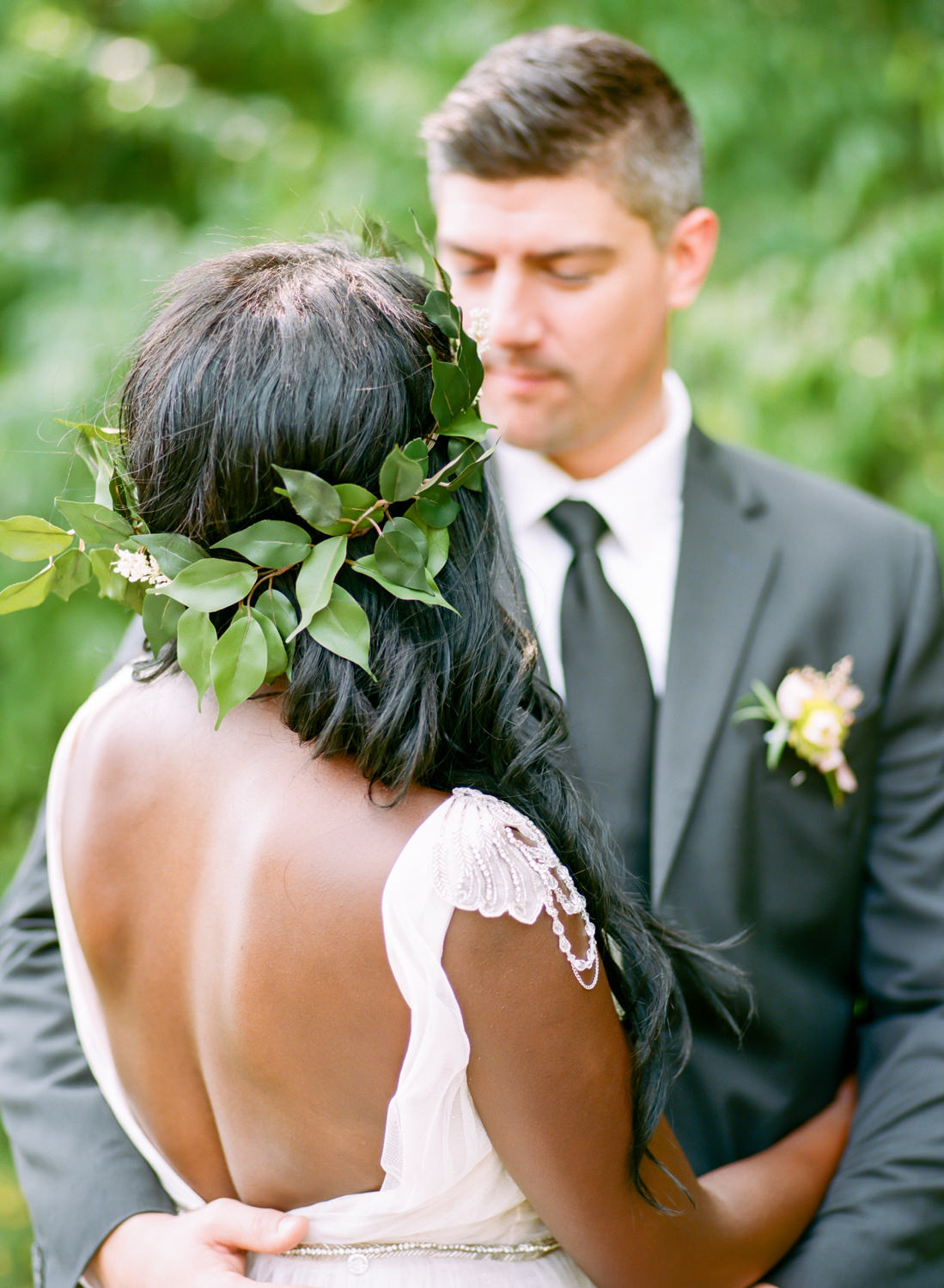back of bride with leaf crown, fine art wedding photography St. Louis