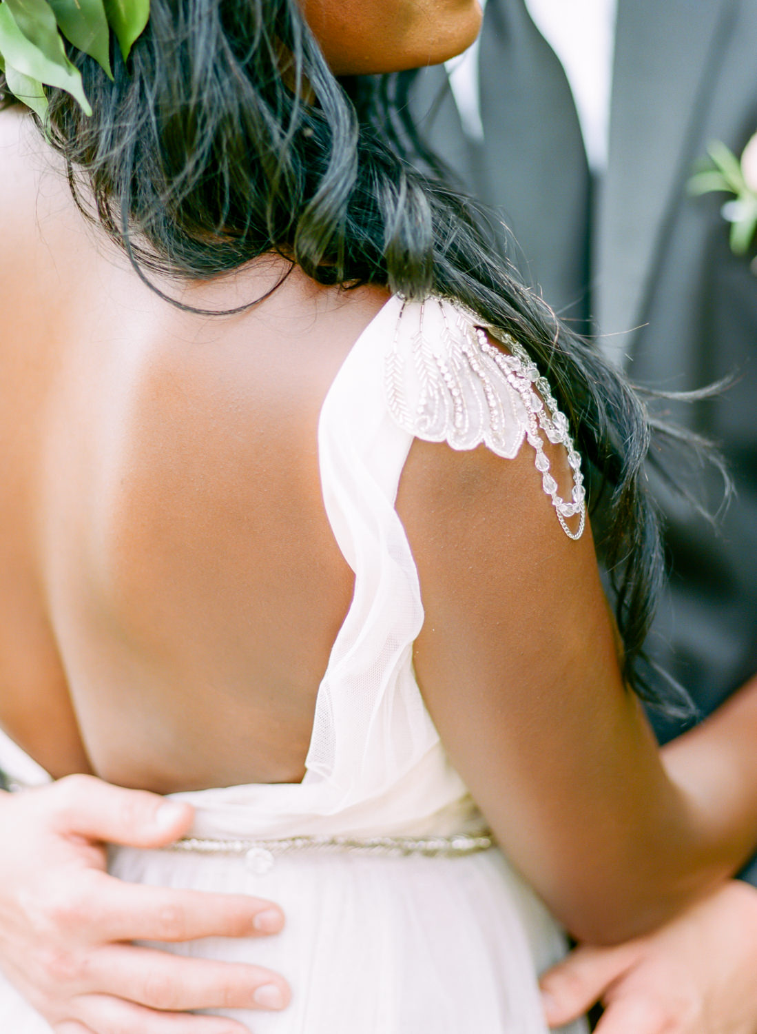 closeup pearl detail of bridal gown, St. Louis wedding photography