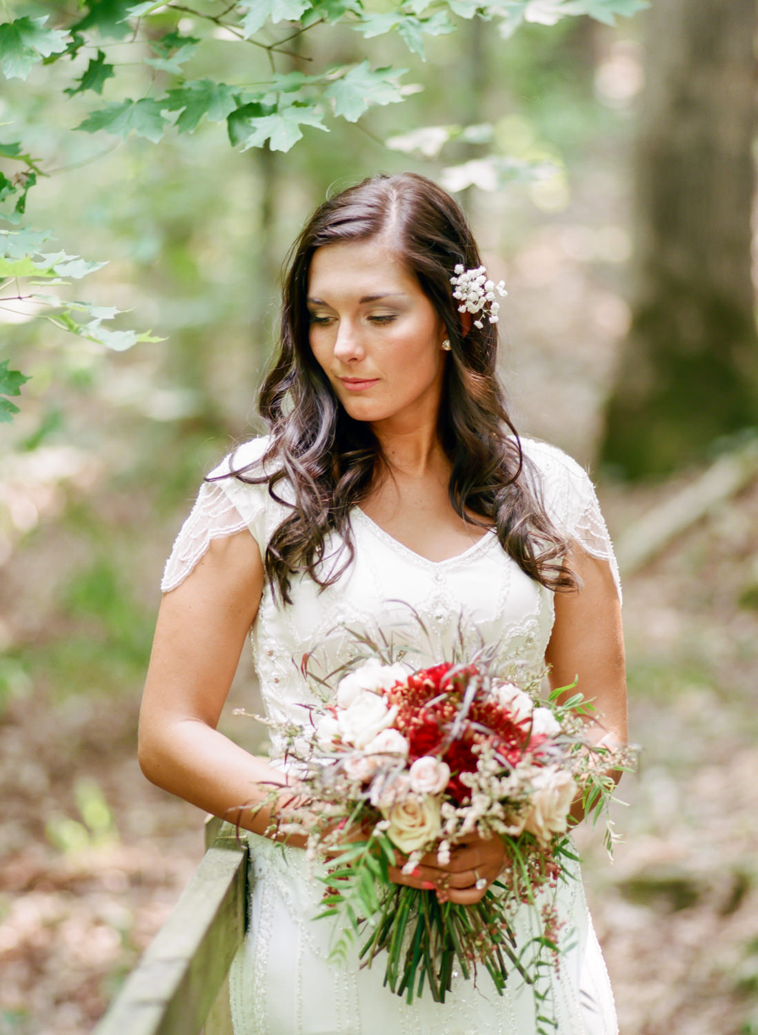 stunning bride in beaded gown with Farm Girl Florist rustic bouquet, Erica Robnett Photography