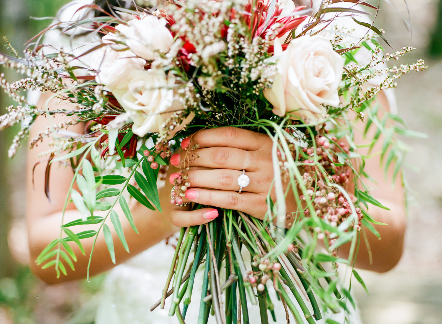 Farm Girl Florist, bride with pink nails and diamond ring holding rustic rose bouquet, Erica Robnett Photography