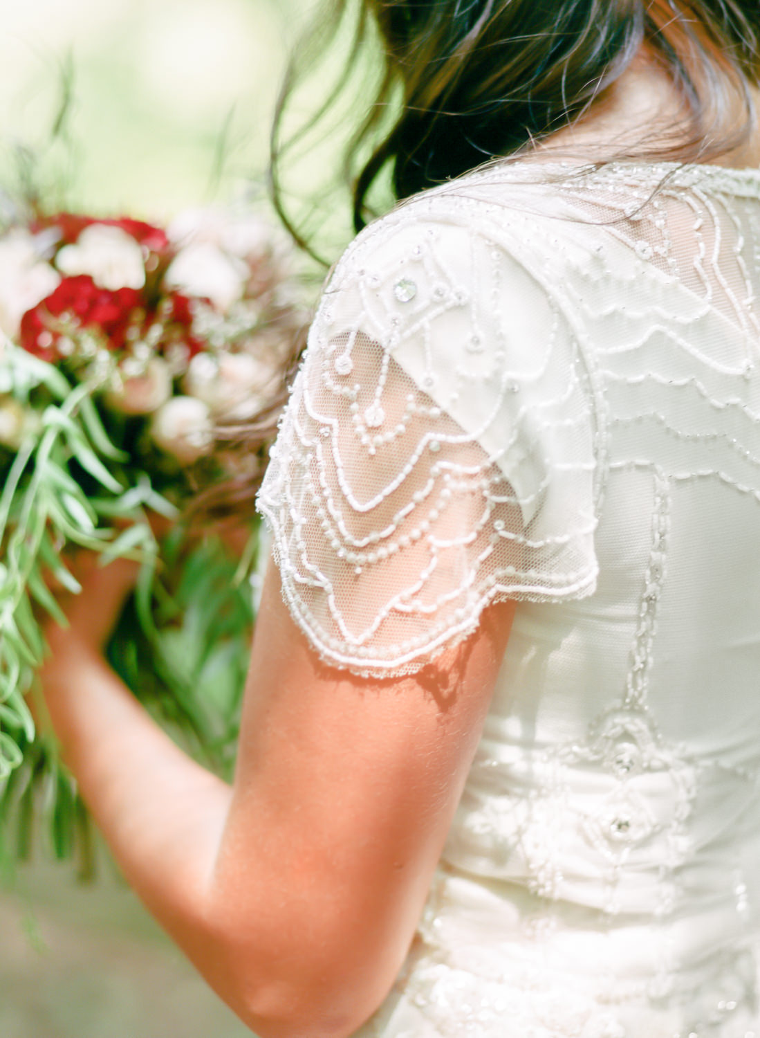 beaded bridal gown sleeve detail, St. Louis fine art wedding photography
