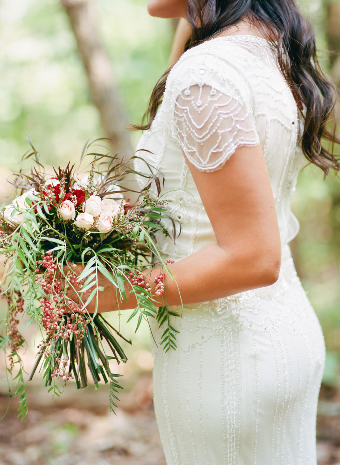 Farm Girl Florist rustic bouquet, beaded bridal gown detail, fine art wedding photography