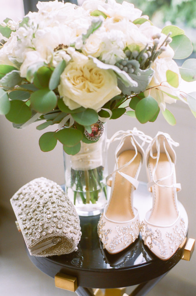 Bella Belle Wedding Shoes, white wedding bouquet, St. Louis fine art wedding photographer