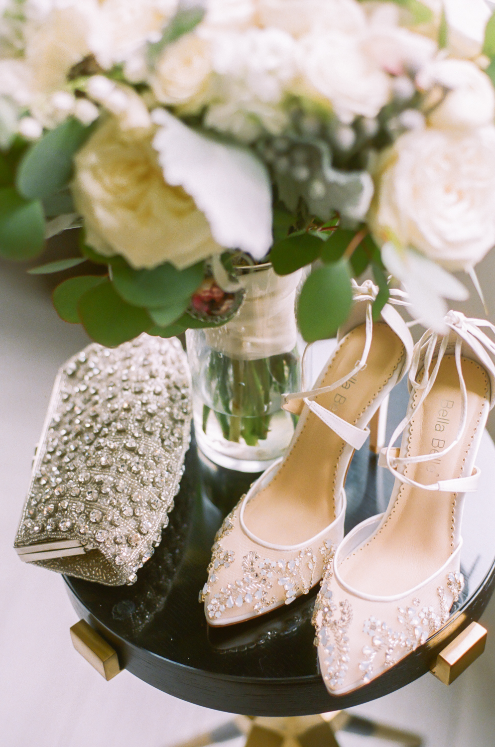Bella Belle Wedding Shoes, white wedding bouquet, St. Louis fine art wedding photographer