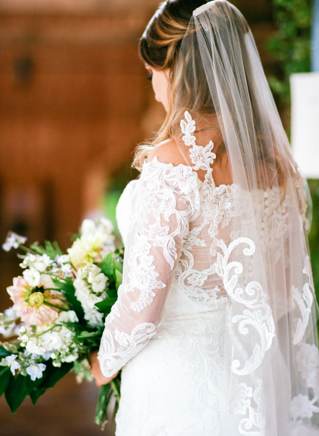 Bride wearing lace gown and veil, St. Louis Fine Art Film Wedding Photographer, Erica Robnett Photography