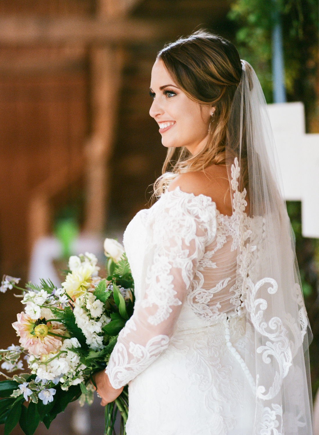 Bride wearing lace gown by Mimi's Bridal, St. Louis Fine Art Film Wedding Photographer, Erica Robnett Photography