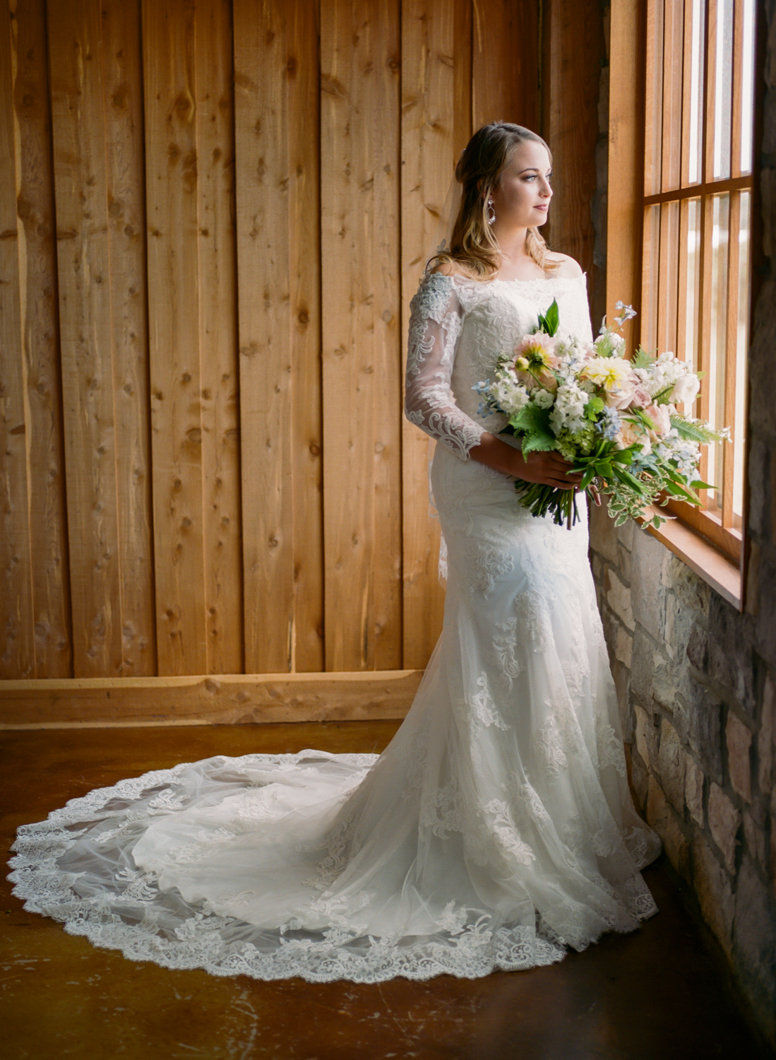Bride in lace Mimi's Bridal dress, at Mighty Oak Lodge, St. Louis Fine Art Film Wedding Photographer Erica Robnett Photography
