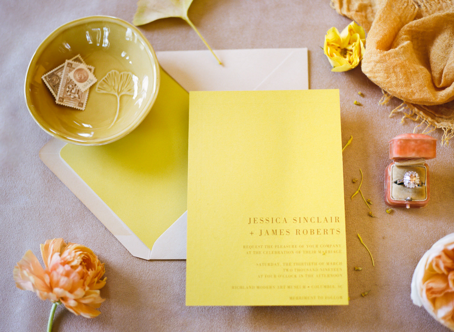 Yellow wedding invitation suite; St. Louis Fine Art Film Wedding Photographer Erica Robnett Photography