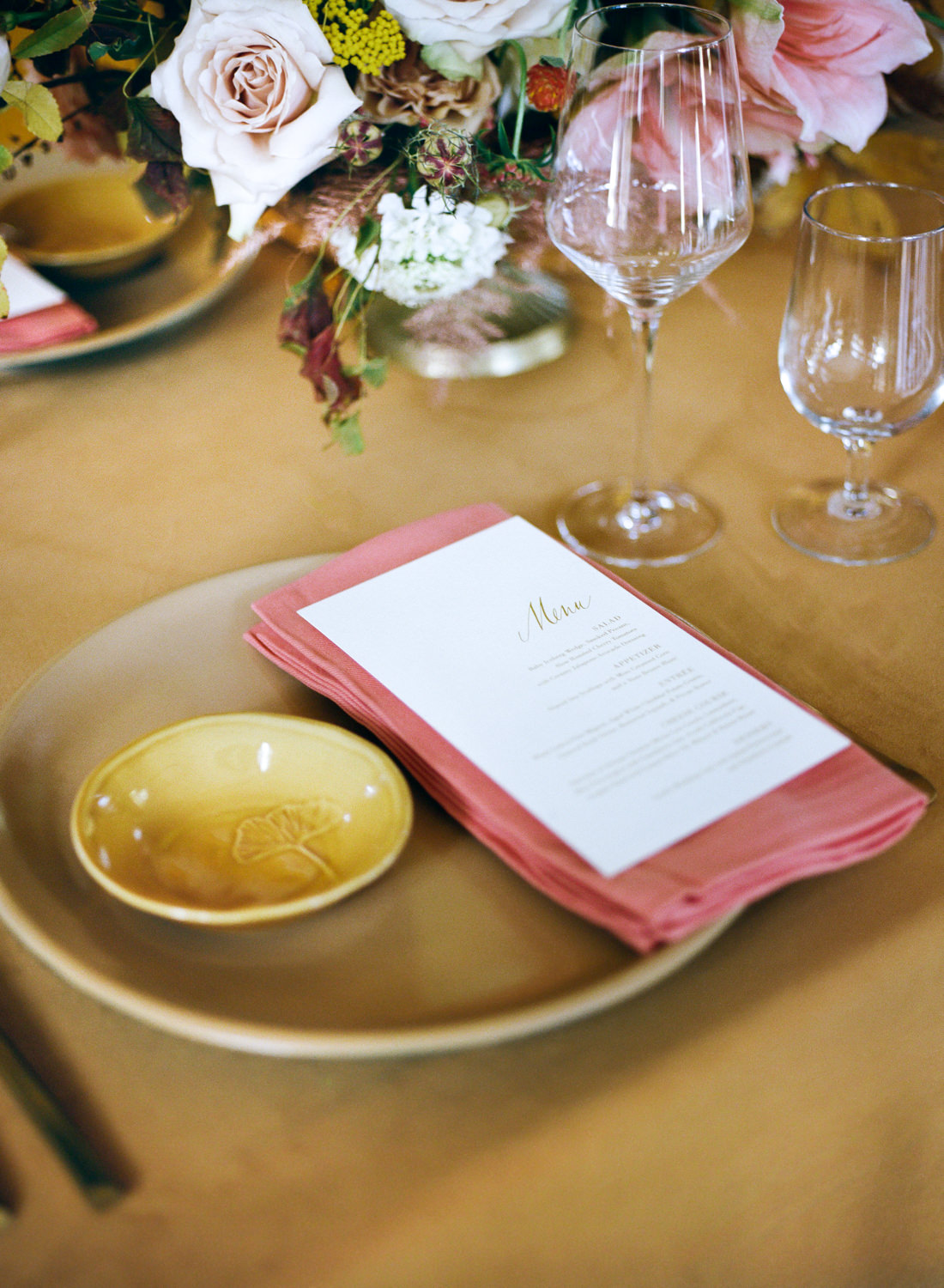 Pink and yellow wedding reception dinnerware; St. Louis Fine Art Film Wedding Photographer Erica Robnett Photography