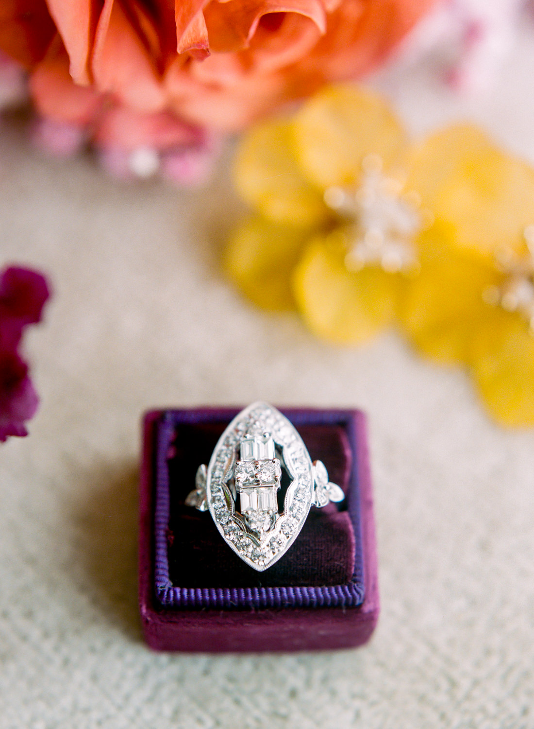 Sturhahn Jewelers diamond wedding ring in purple velvet Mrs Box, St. Louis wedding photographer Erica Robnett Photography