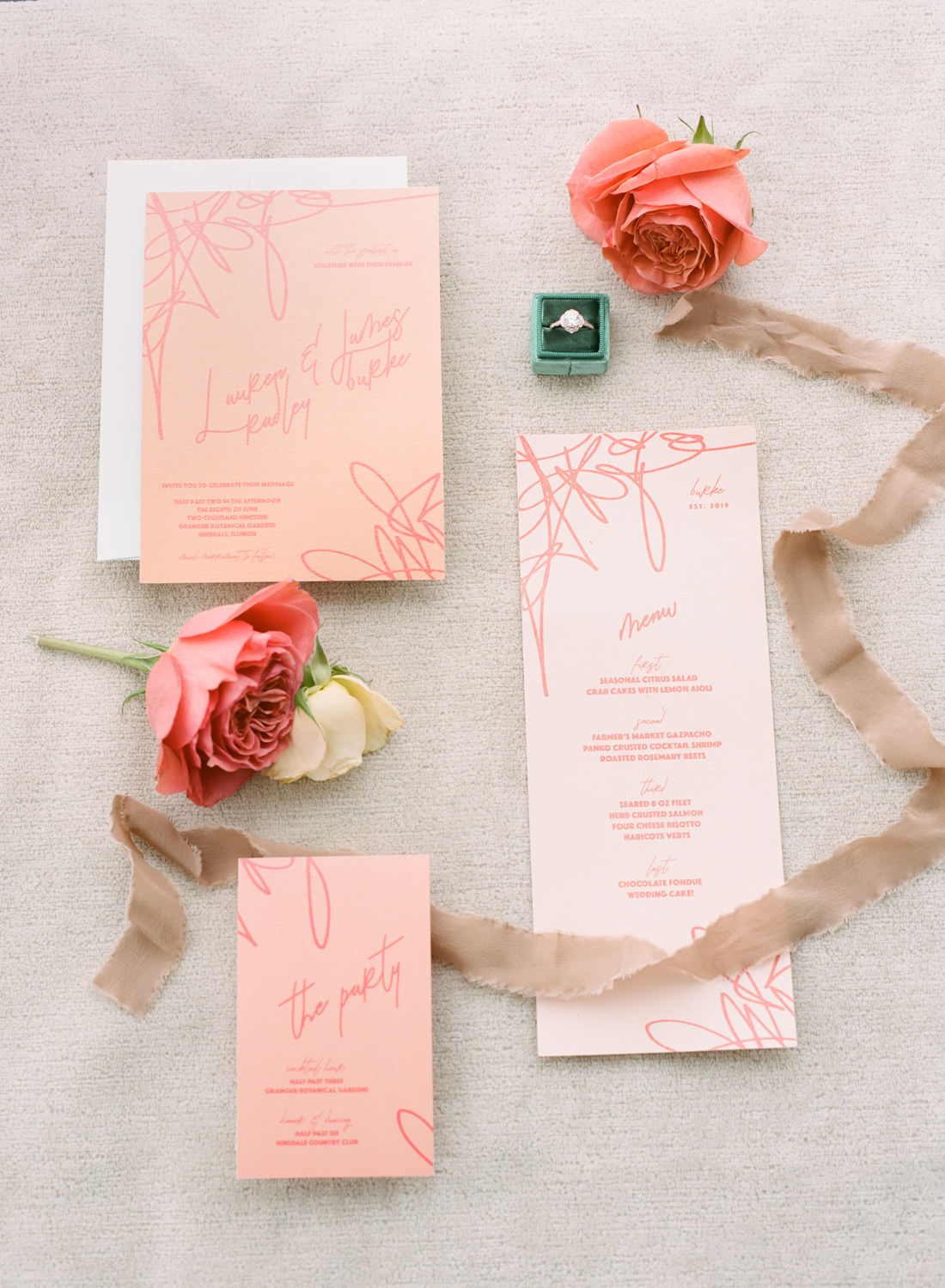 Coral Lo in London wedding invitation suite, Sturhahn Jewelers diamond ring in The Mrs. Box, St. Louis wedding photographer