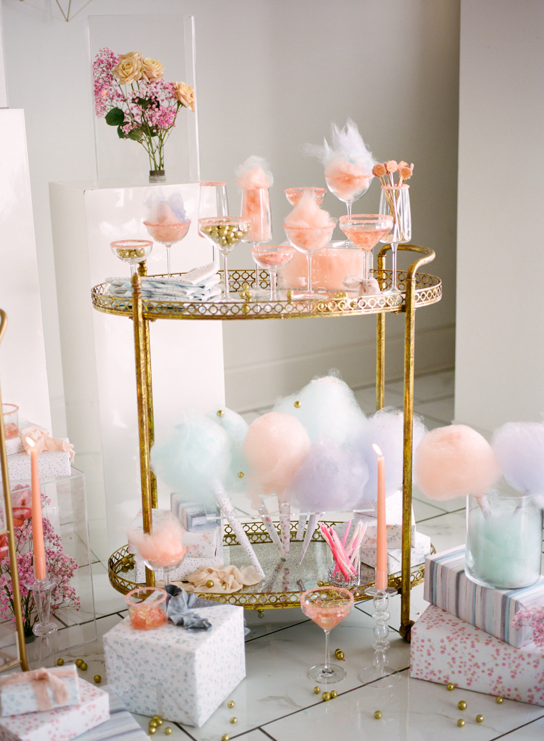 Sara Elizabeth Weddings, Lo in London, cotton candy and presents on Crate and Barrel bar cart, St. Louis wedding photographer
