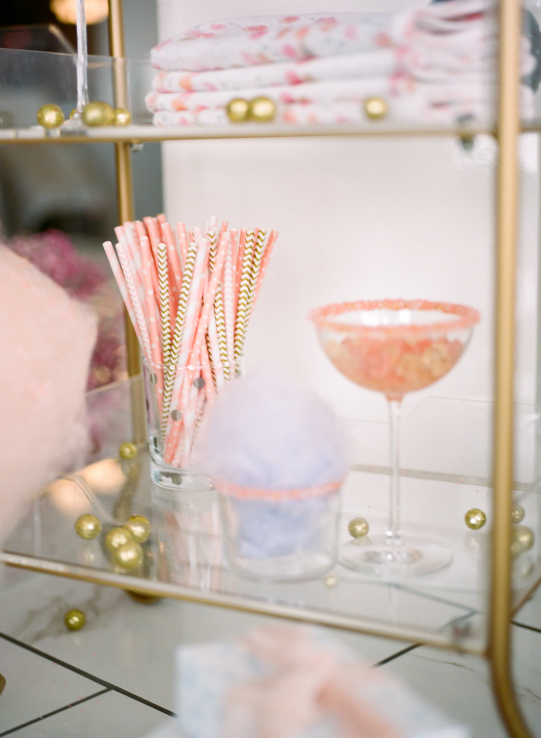 Sara Elizabeth Weddings, Lo in London, cotton candy and presents on Crate and Barrel bar cart, St. Louis wedding photographer