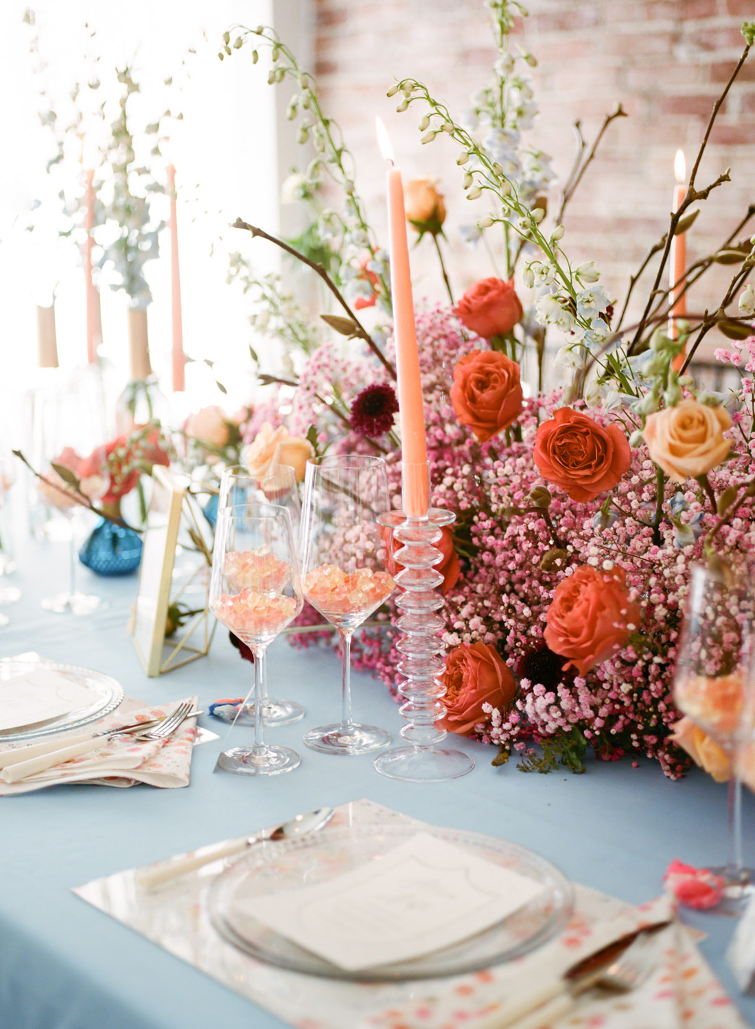 Coral floral reception decor by Lavish Floral Design, Sara Elizabeth weddings, St. Louis fine art film wedding photographer Erica Robnett Photography