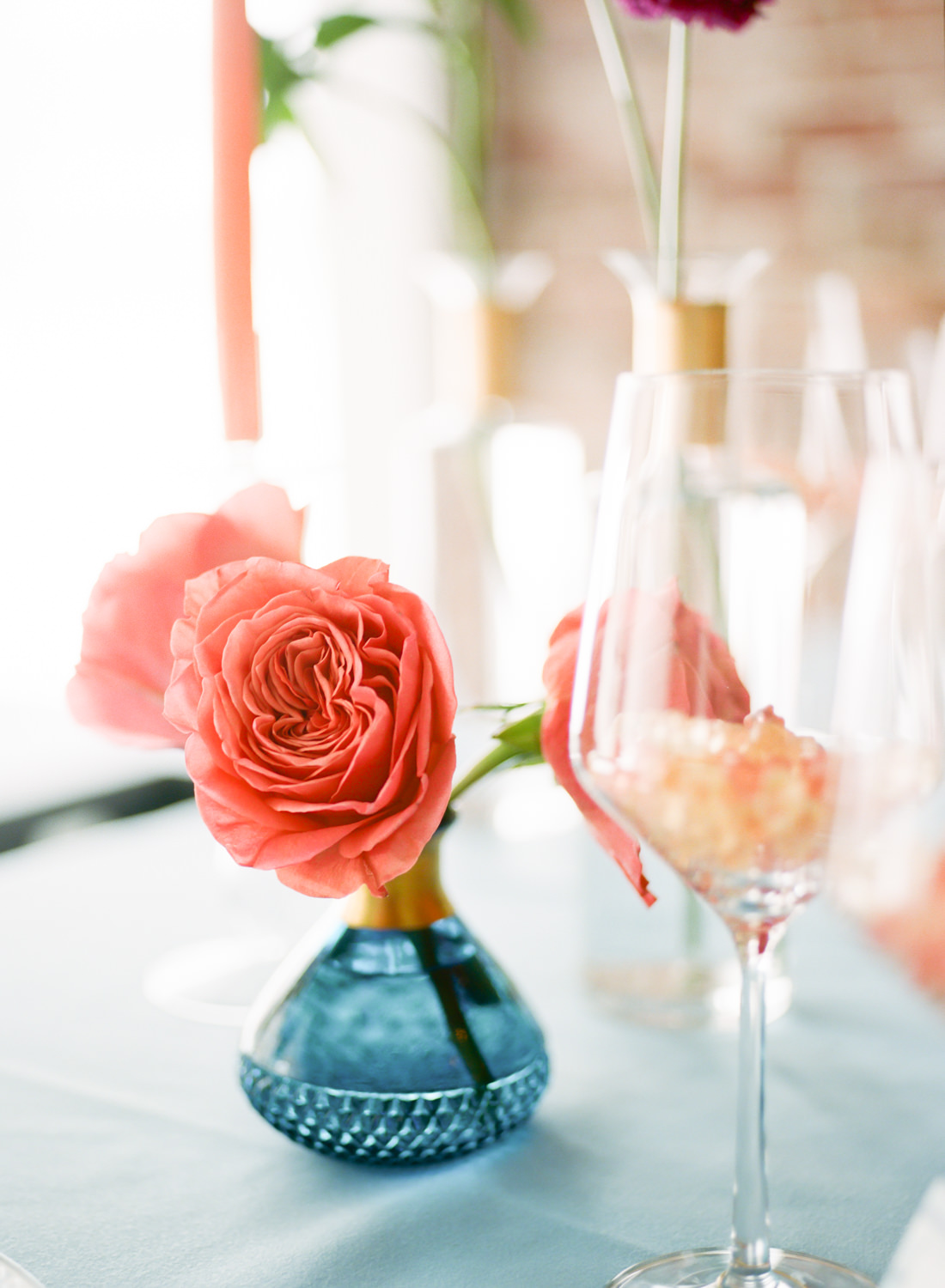 Schott Zwiesel wine glasses, Lo in London details, Coral wedding reception decor,St. Louis fine art film wedding photographer Erica Robnett Photography