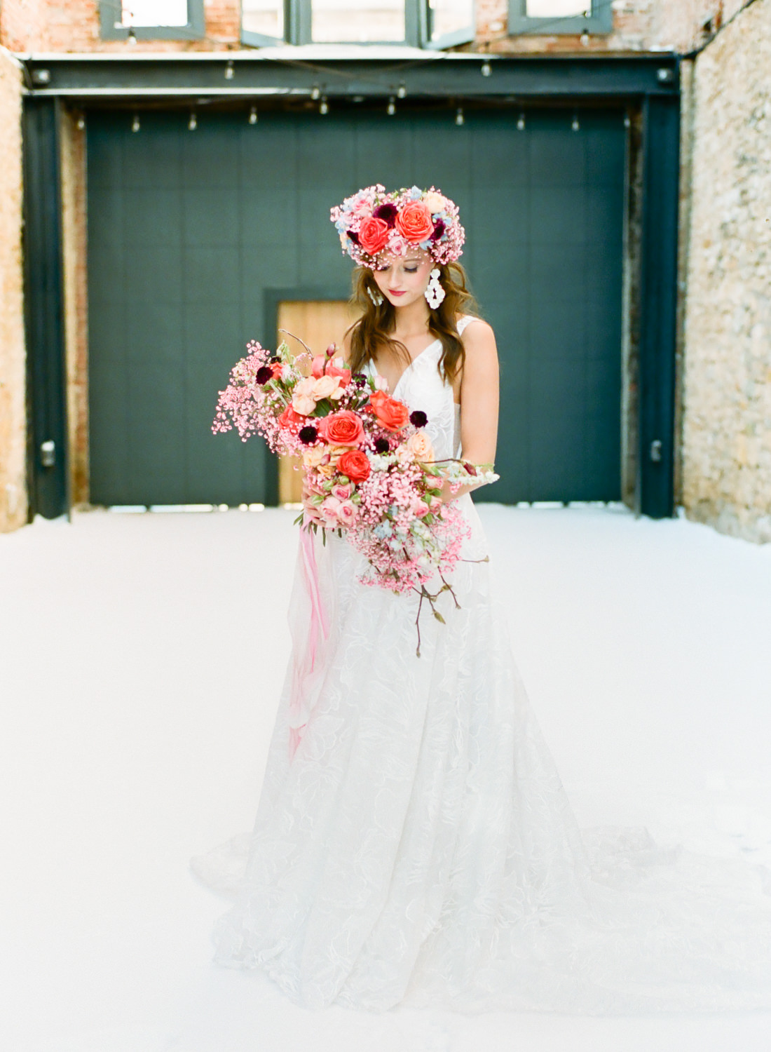 The Rialto in Hannibal, coral and pink bridal flower crown by Lavish Floral Design, St. Louis fine art film wedding photographer Erica Robnett Photography