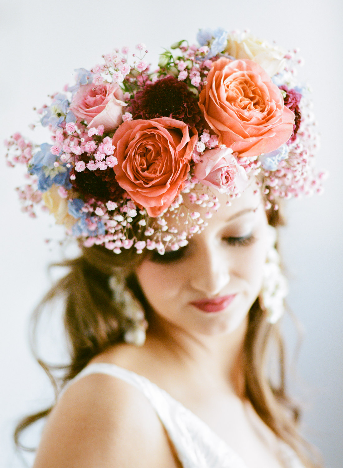 Lavish Floral Design bridal flower crown, St. Louis fine art film wedding photographer Erica Robnett Photography