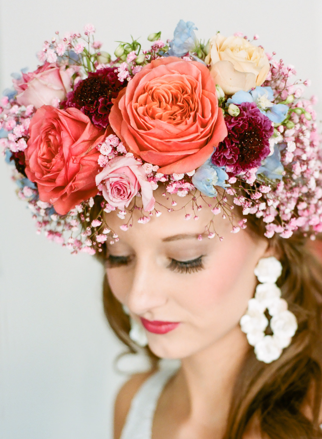 Coral and pink bridal flower crown by Lavish Floral Design, St. Louis fine art film wedding photographer Erica Robnett Photography