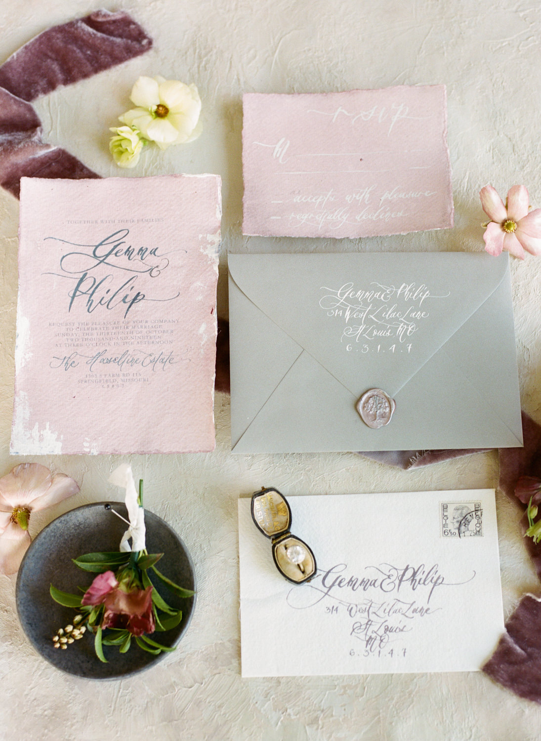 Pink and gray wedding invitation suite by On Three Designs, St. Louis Fine Art Film Wedding Photographer Erica Robnett Photography