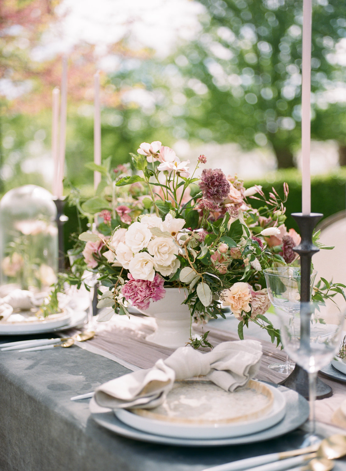Mauve and Peach Classic Outdoor Floral Arrangement at Haseltine Estate, St Louis Fine Art Film Wedding Photographer Erica Robnett Photography