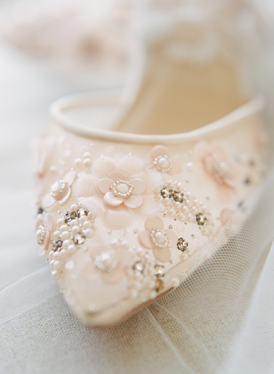 Bella Belle blush beaded floral bridal shoes, St. Louis Fine Art Film Wedding Photographer Erica Robnett Photography