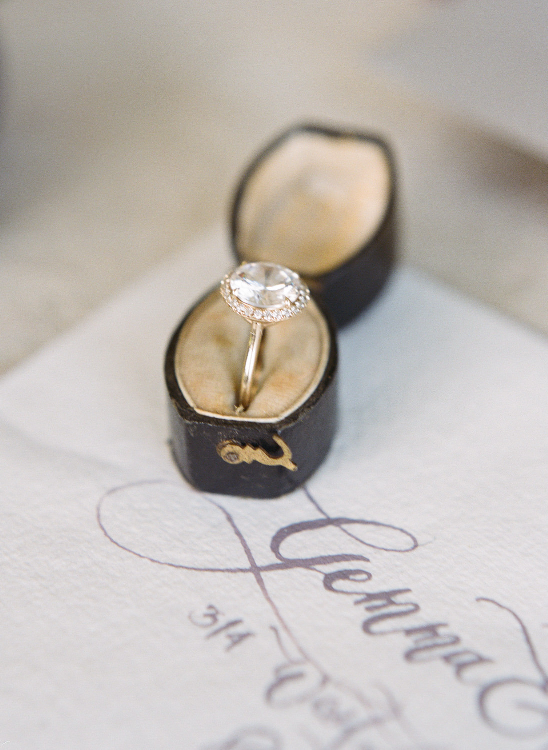Susie Saltzman diamond engagement ring in blue vintage ring box, St Louis Fine Art Film Wedding Photographer Erica Robnett Photography