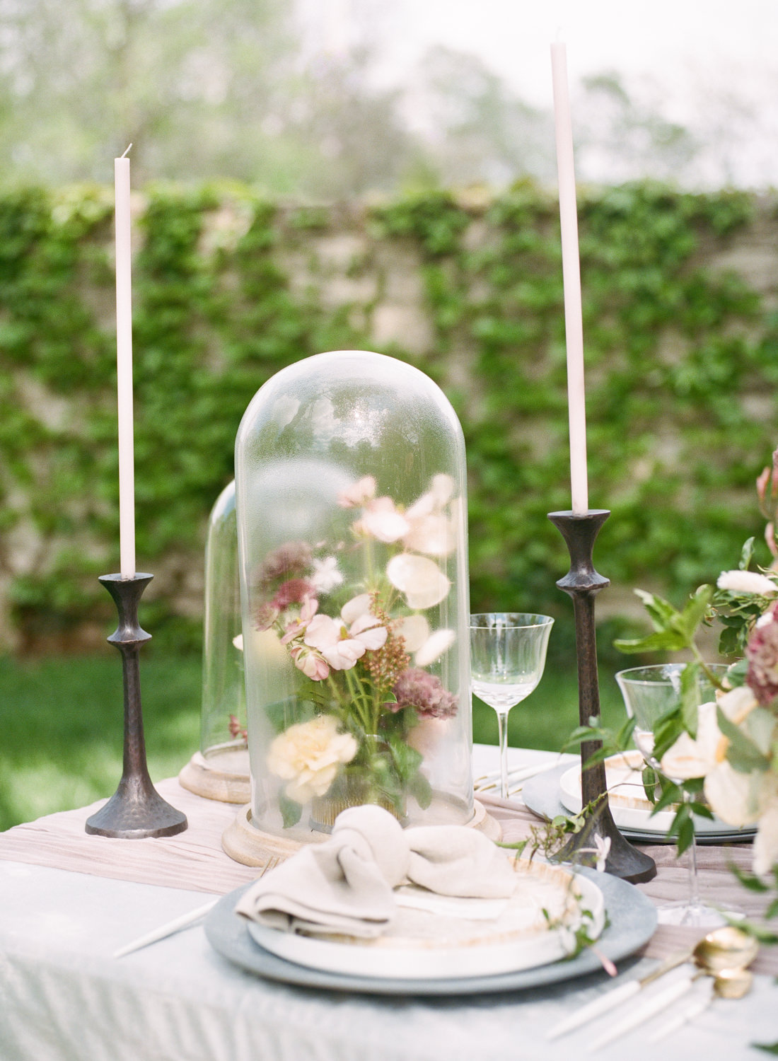 Outdoor floral wedding decor, Haseltine Estate, Dusty blue with gold accent wedding reception classic, St Louis Fine Art Film Wedding Photographer Erica Robnett Photography