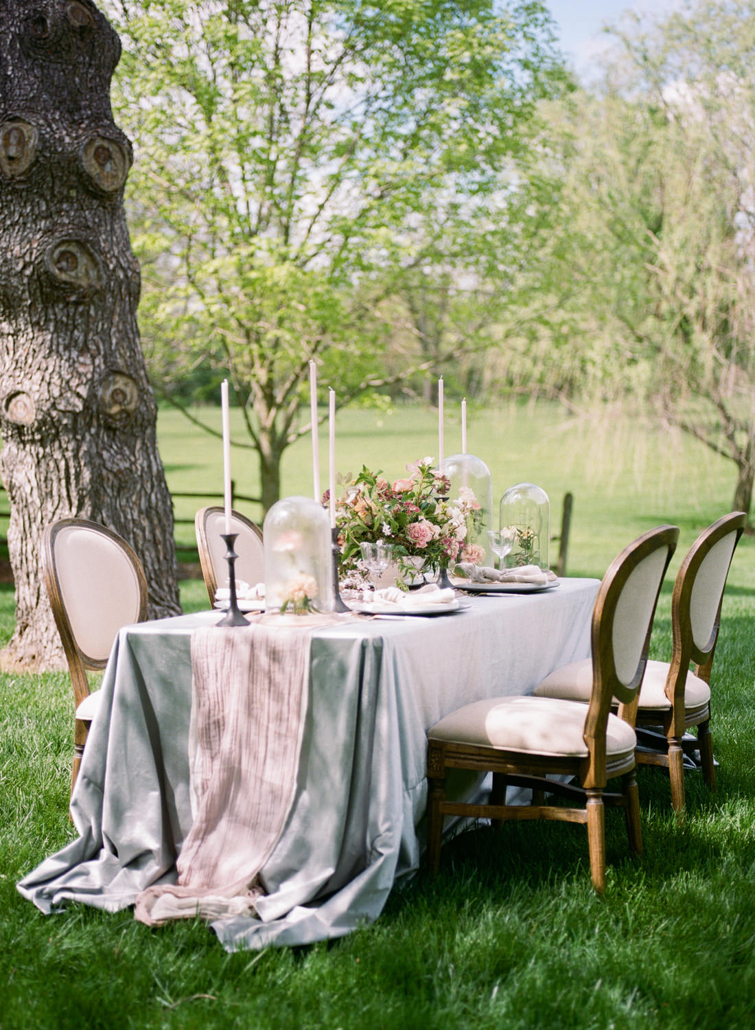 Dusty blue and pink outdoor wedding reception at Haseltine Estate, St Louis Fine Art Film Wedding Photographer Erica Robnett Photography