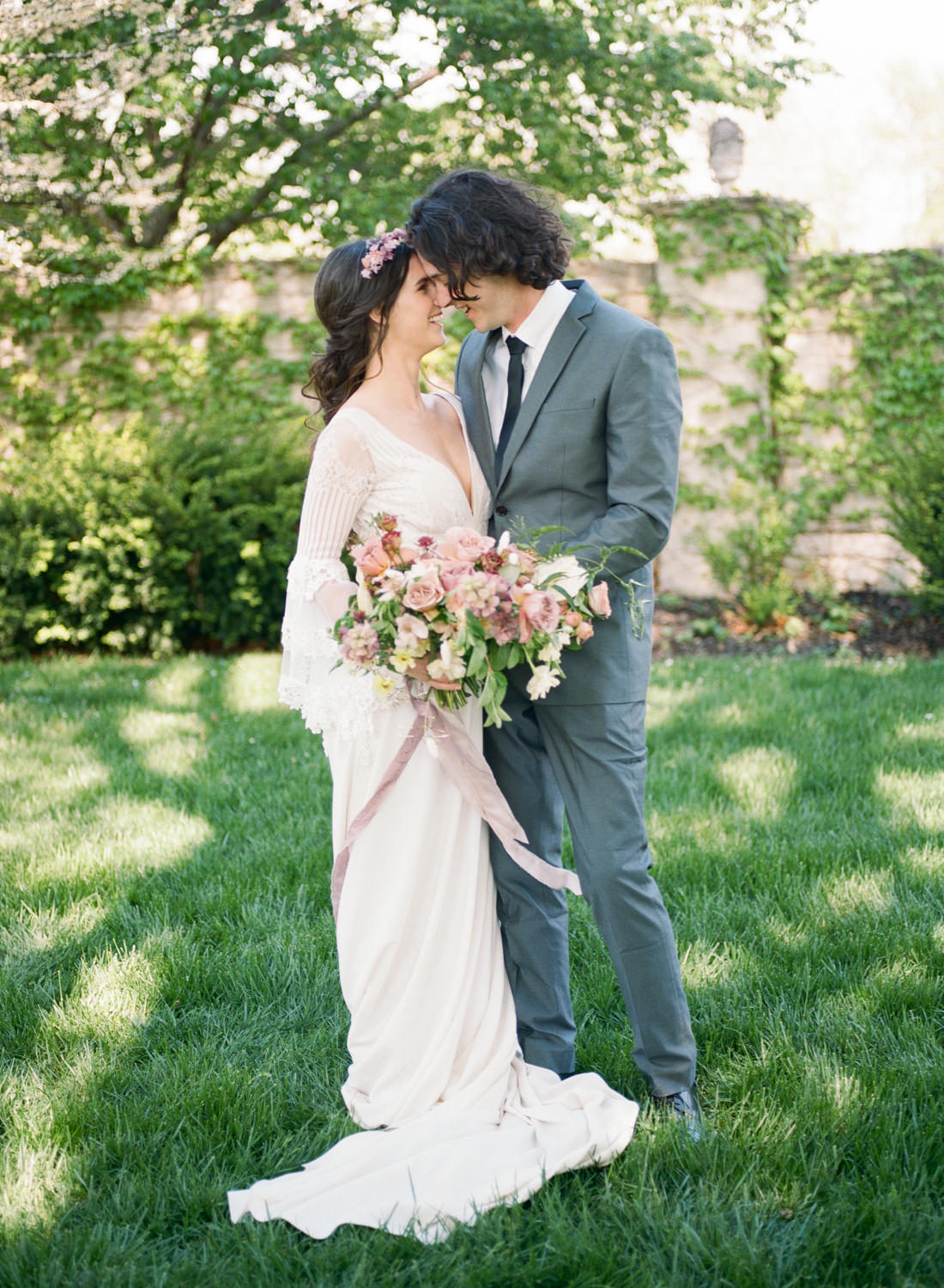 Groom and bride in Claire Pettibone dress, Erin Rhyne floral crown, mauve and pink flowers at Haseltine Estate, St. Louis Fine Art Film Wedding Photographer Erica Robnett Photography