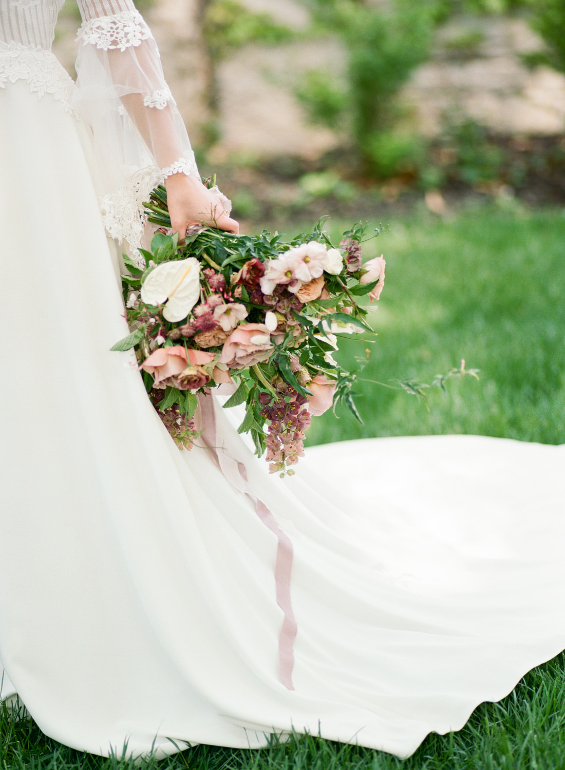 Mauve and pink bridal bouquet with ribbons, St. Louis Fine Art Film Wedding Photographer Erica Robnett Photography