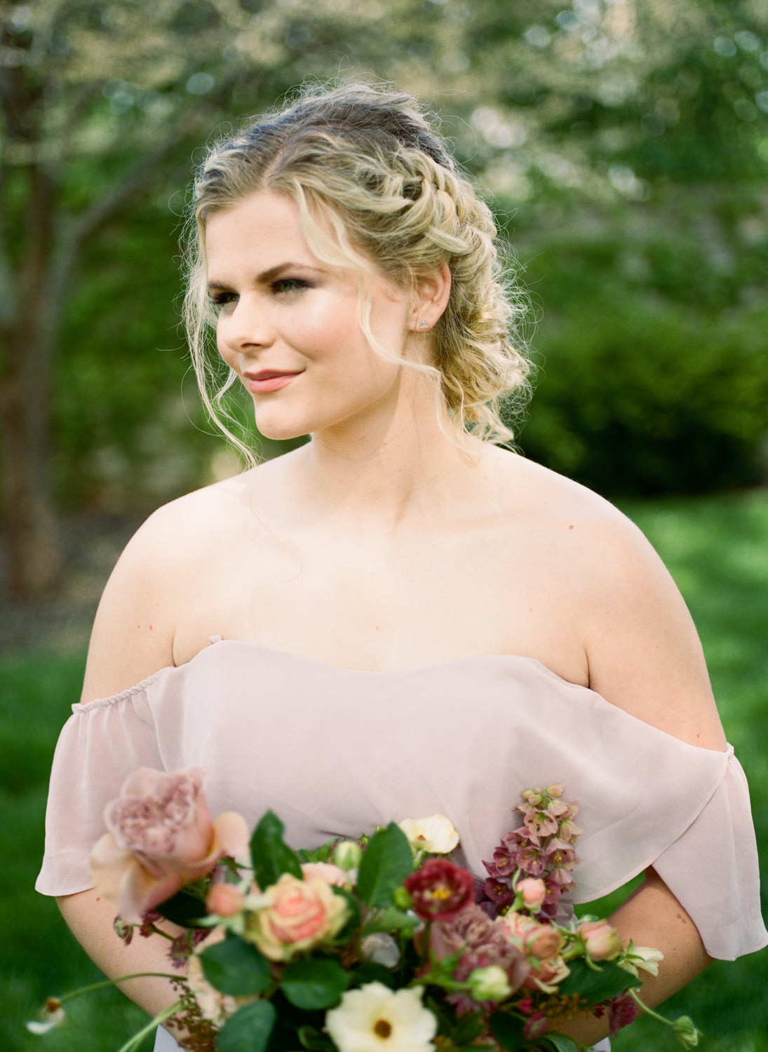 Bridesmaid in mauve gown, loose bridal updo, St. Louis Fine Art Film Wedding Photographer Erica Robnett Photography