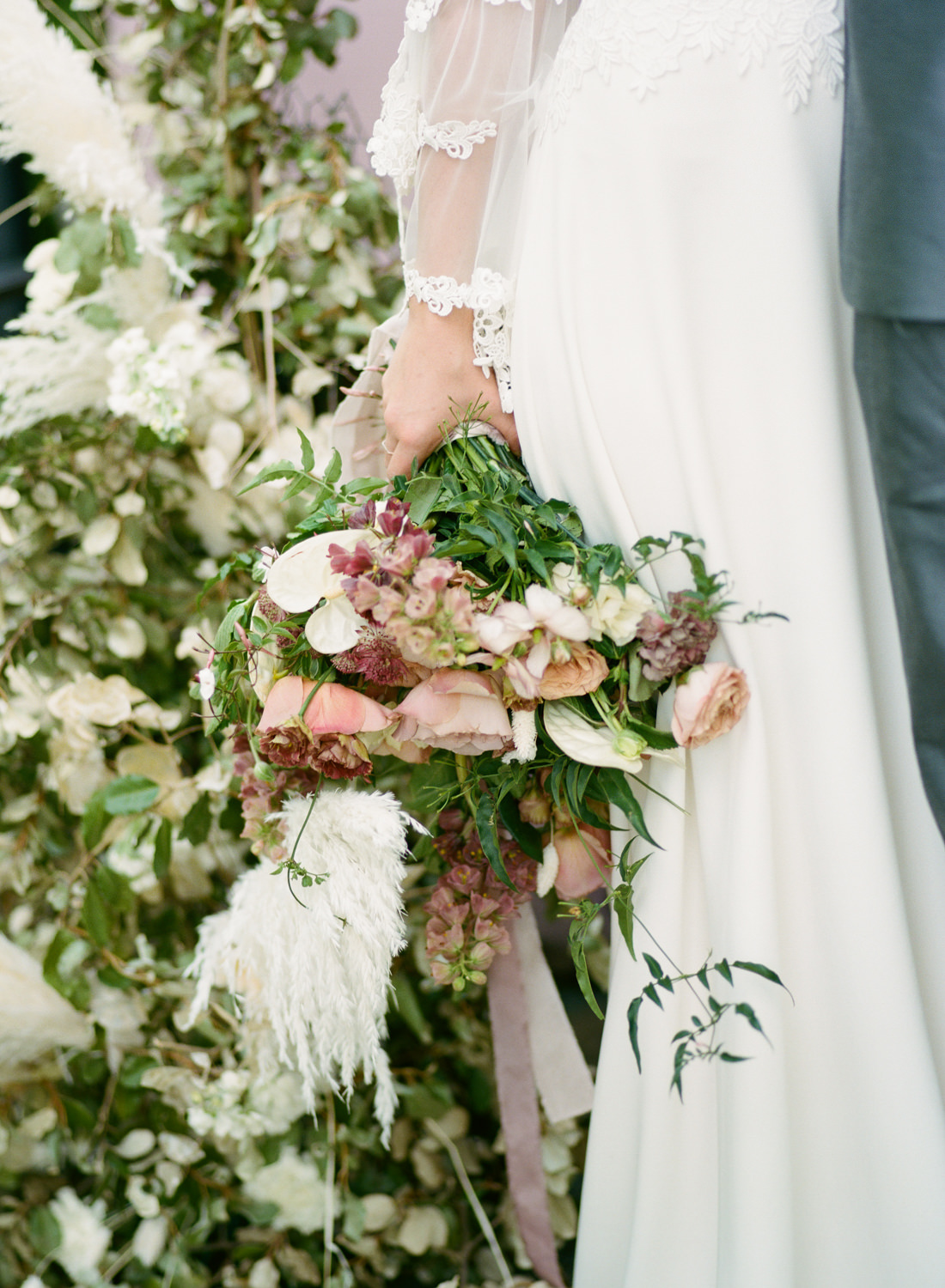 Mauve and pink bridal bouquet by Magnolia Belle Floral, Claire Pettibone wedding gown, St. Louis Fine Art Film Wedding Photographer Erica Robnett Photography