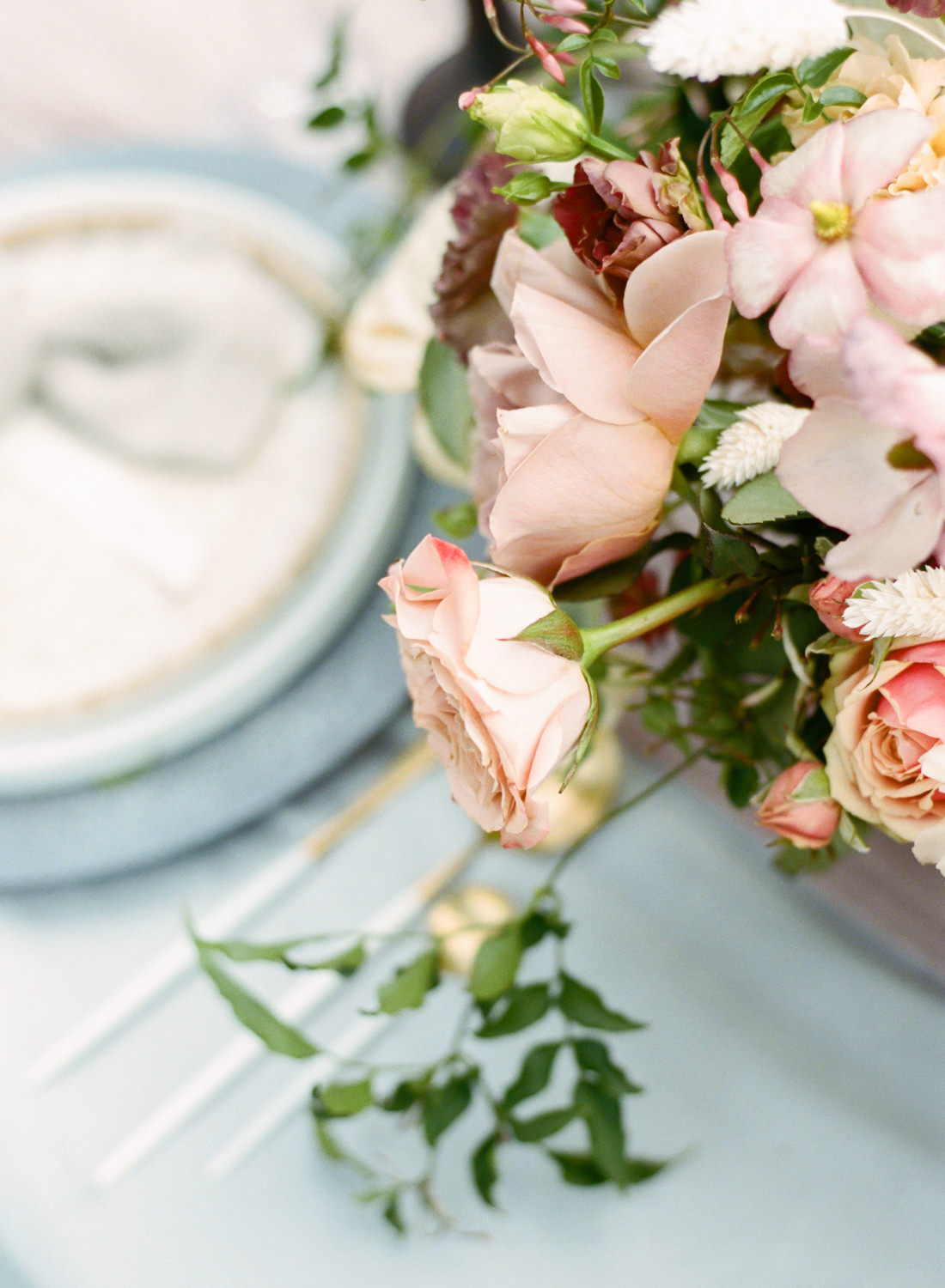 Dusty blue wedding reception linens, Mauve and pink Magnolia Belle florals, St. Louis Fine Art Film Wedding Photographer Erica Robnett Photography
