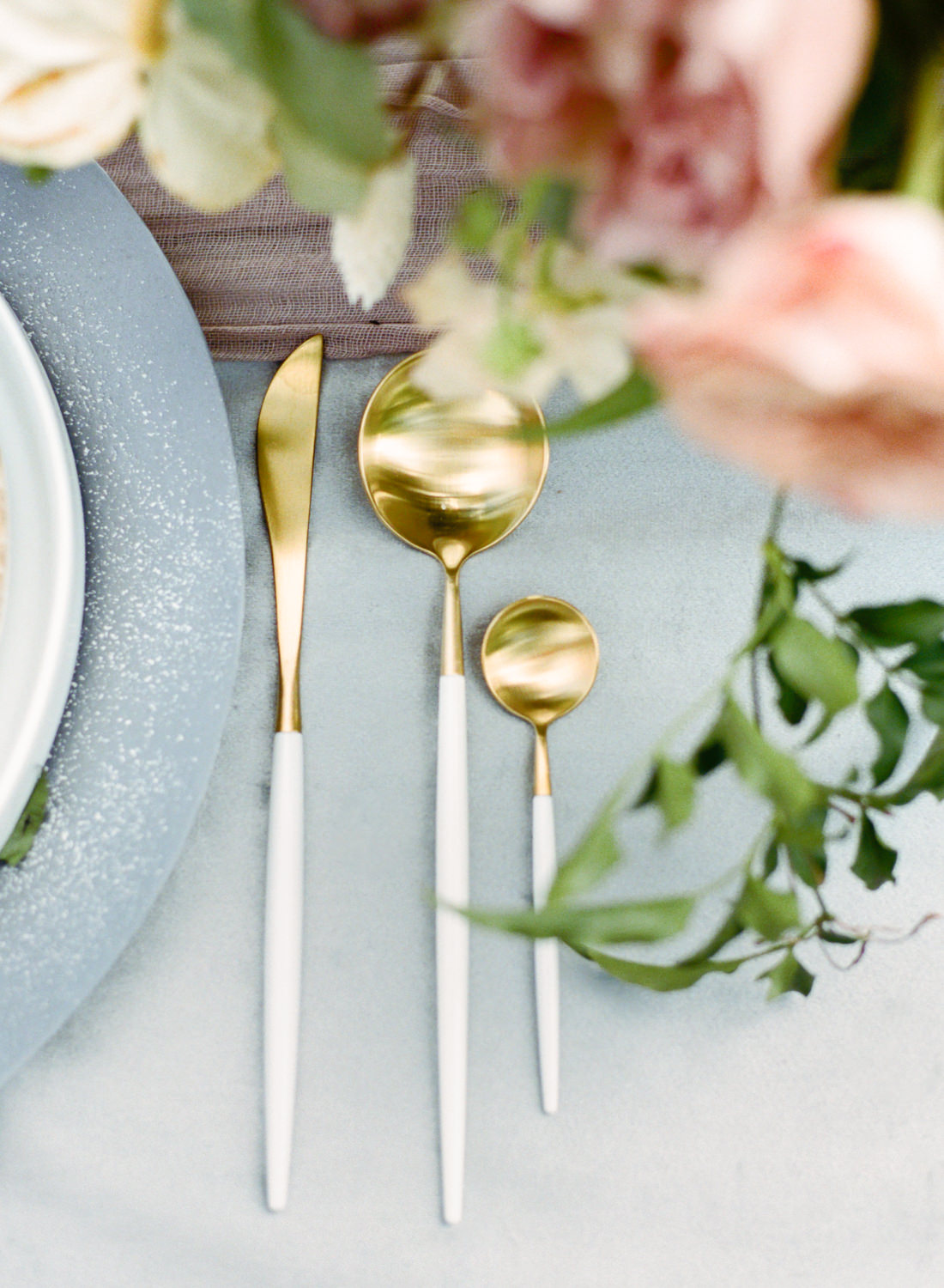 Gold dinnerware and dusty blue linen, St. Louis Fine Art Film Wedding Photographer Erica Robnett Photography