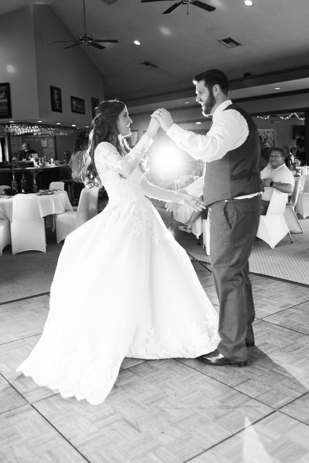 Black and white bride and groom first dance; St. Louis wedding photographer