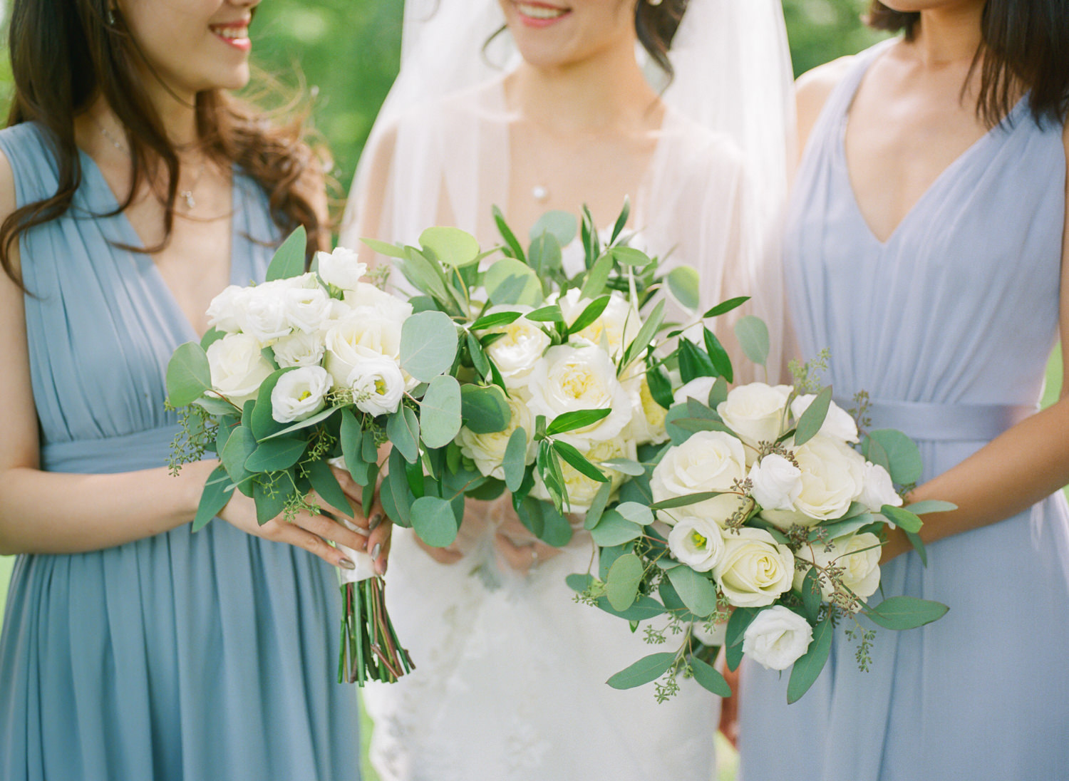 White and green bride and bridesmaids flowers; St. Louis fine art film wedding photographer Erica Robnett Photography