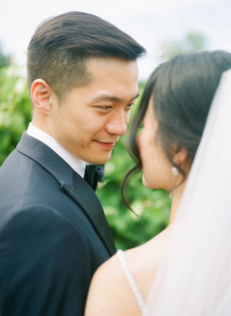 Bride and groom portrait at Defiance Ridge Vineyards; St. Louis fine art film wedding photographer Erica Robnett Photography