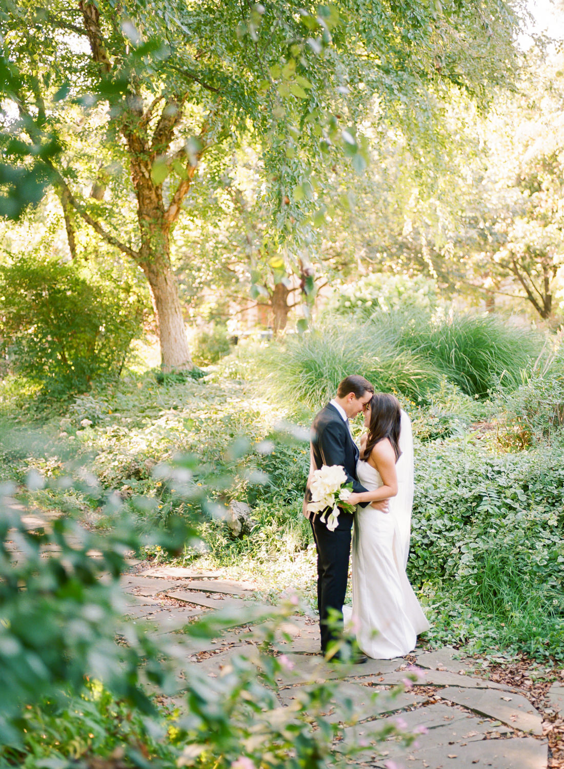 Bride and Groom Portrait in sunlight at Lafayette Park; St. Louis fine art film wedding photographer Erica Robnett Photography