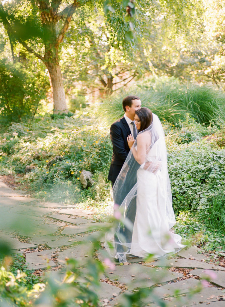 Bride and Groom Portrait in sunlight at Lafayette Park; St. Louis fine art film wedding photographer Erica Robnett Photography