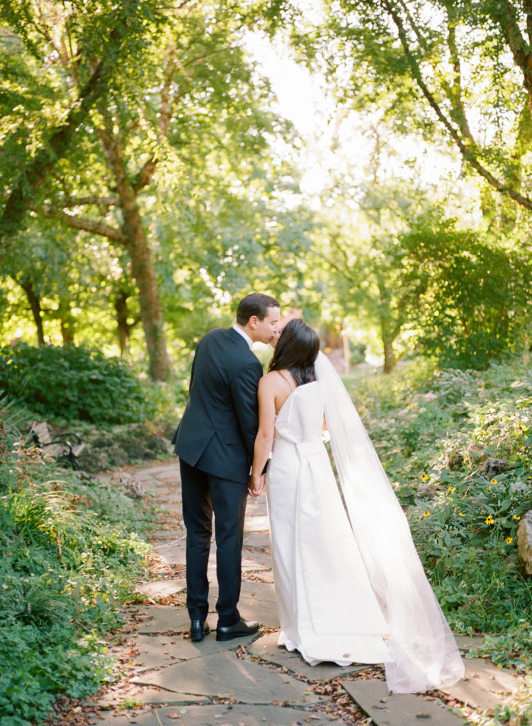 Bride and Groom Portrait in sunlight at Lafayette Park; St. Louis fine art film wedding photographer Erica Robnett Photography