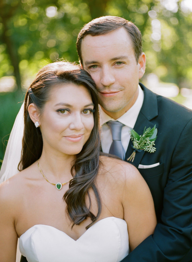 Bride and Groom Portrait in sunlight at Lafayette Park; St. Louis fine art film wedding photographer Erica Robnett Photography