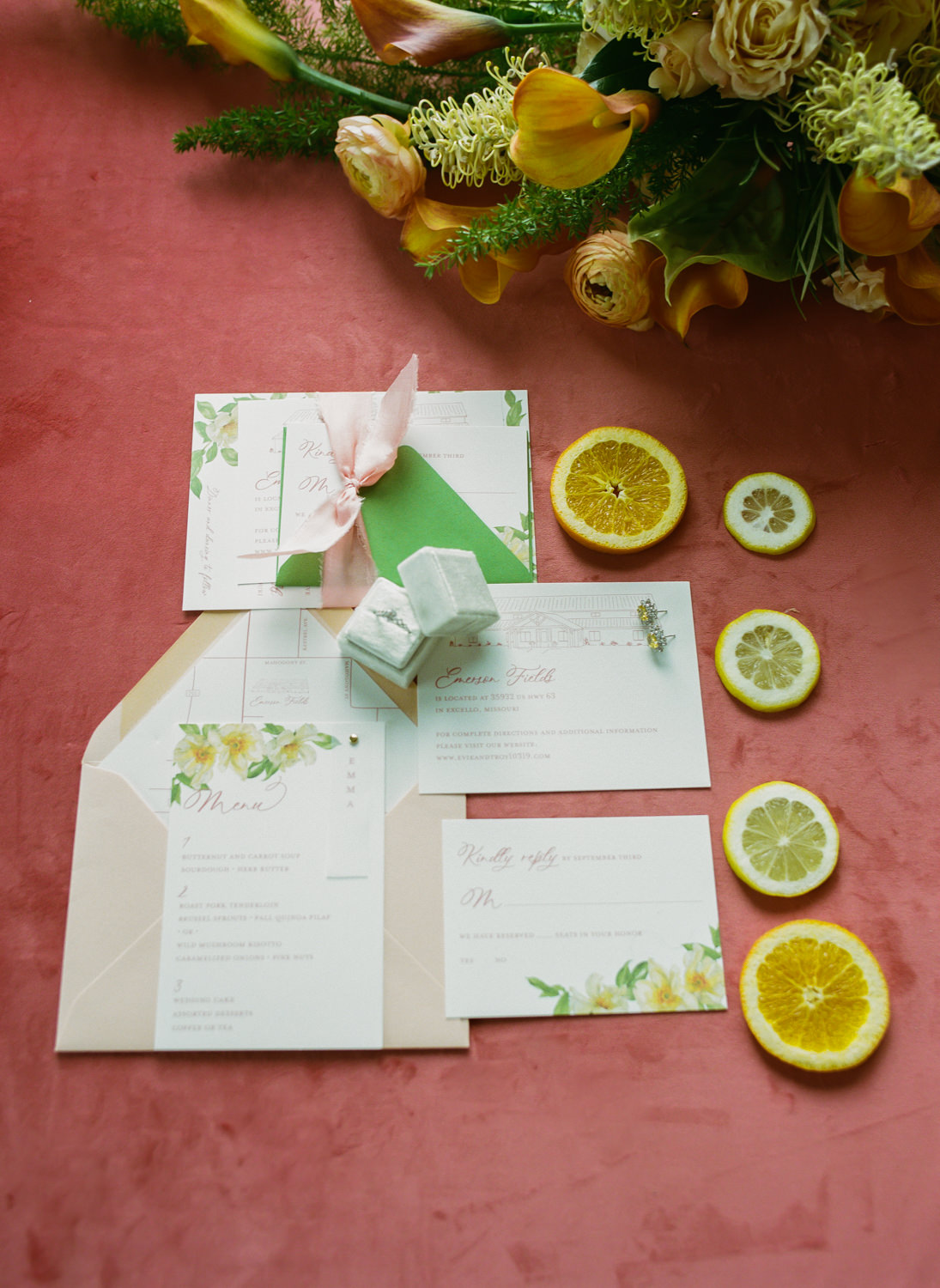 Citrus yellow wedding invitation suite; St. Louis Fine art film wedding photographer