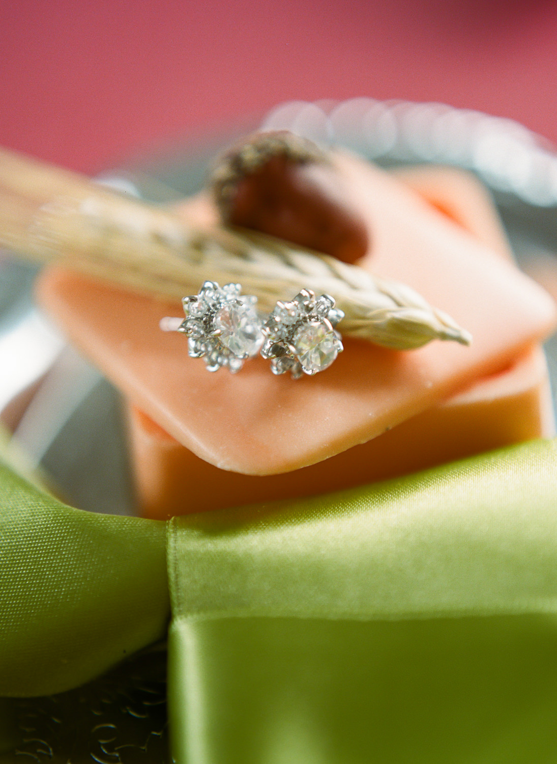 Bridal diamond earrings; St. Louis Fine art film wedding photographer