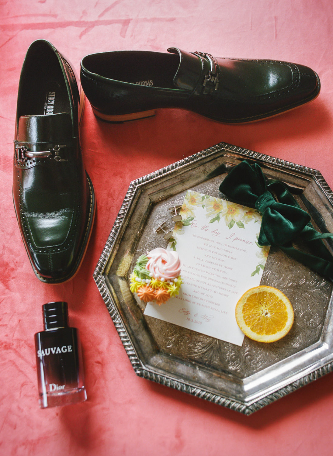 Groom details, shoes and wedding invitation; St. Louis Fine art film wedding photographer