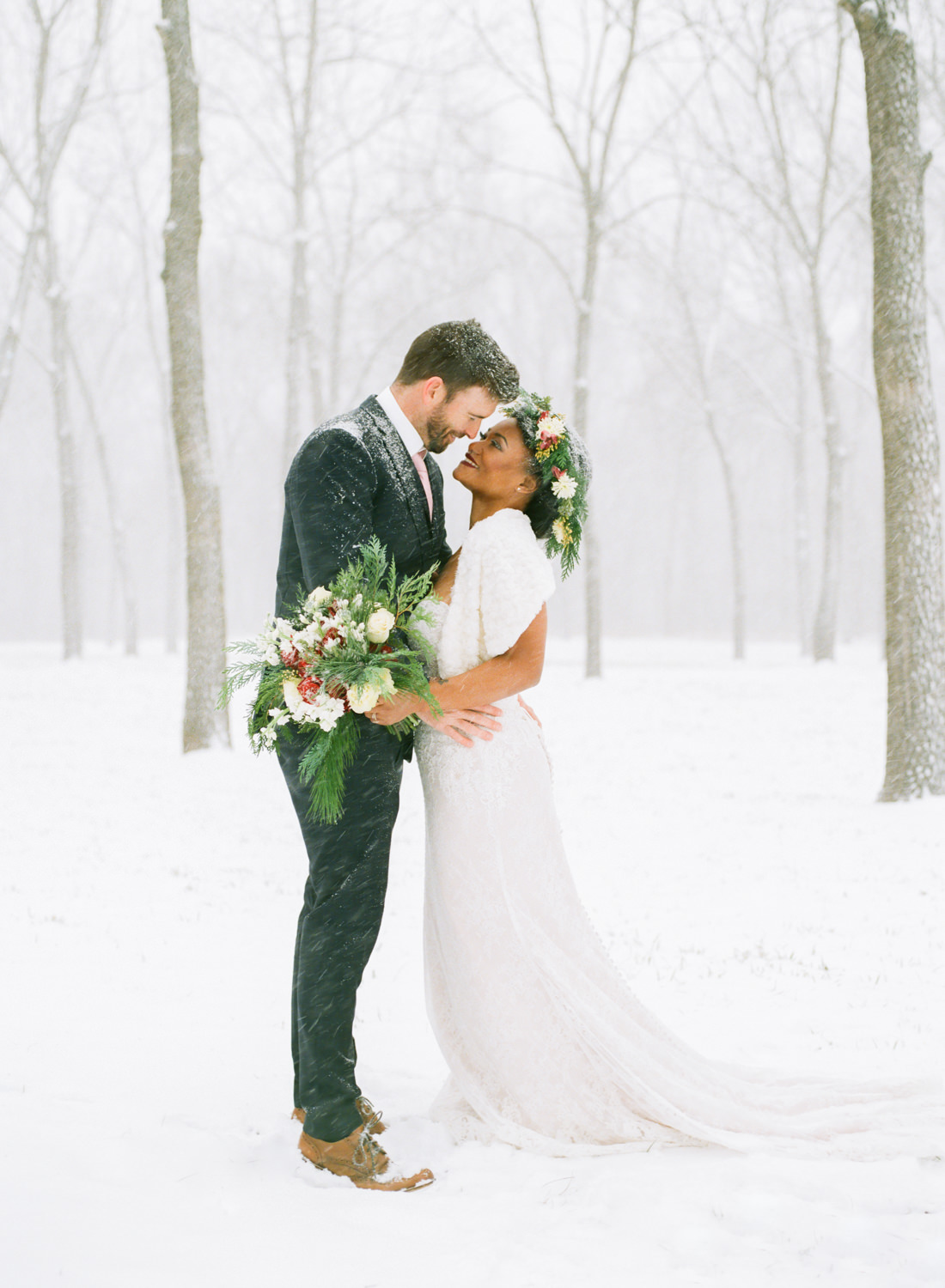 Winter wedding bride and groom in snow; St. Louis fine art film wedding photographer Erica Robnett Photography