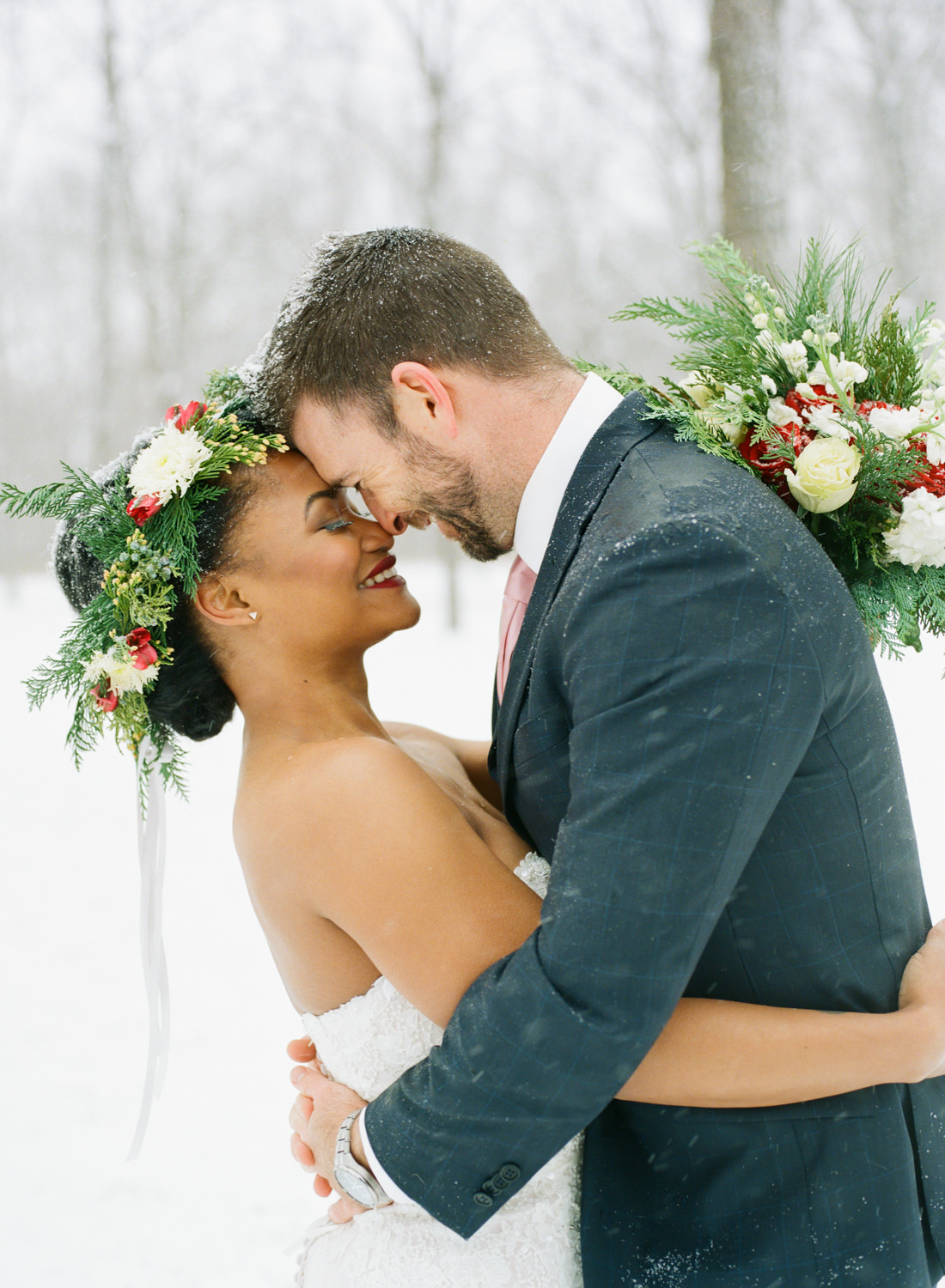 Winter wedding bride and groom in snow; St. Louis fine art film wedding photographer Erica Robnett Photography