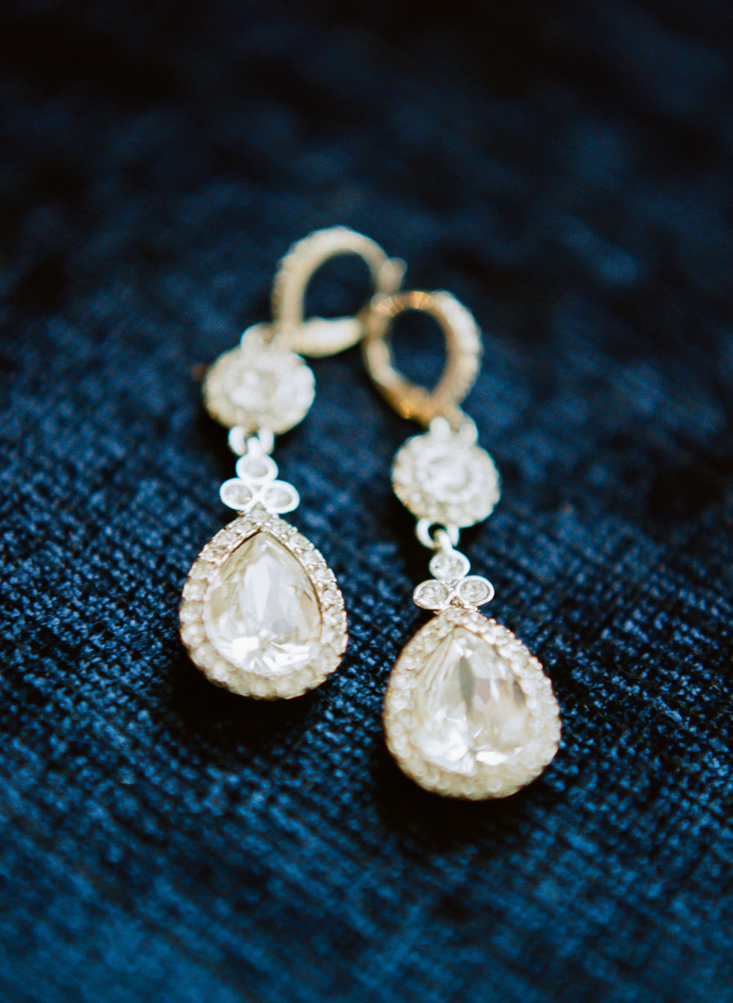 Diamond wedding earrings; St. Louis fine art film wedding photographer Erica Robnett Photography