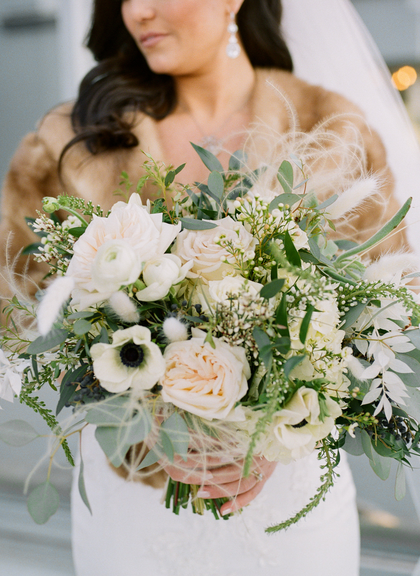 Pastel wedding bouquet and antique shawl on bride; St. Louis fine art film wedding photographer Erica Robnett Photography